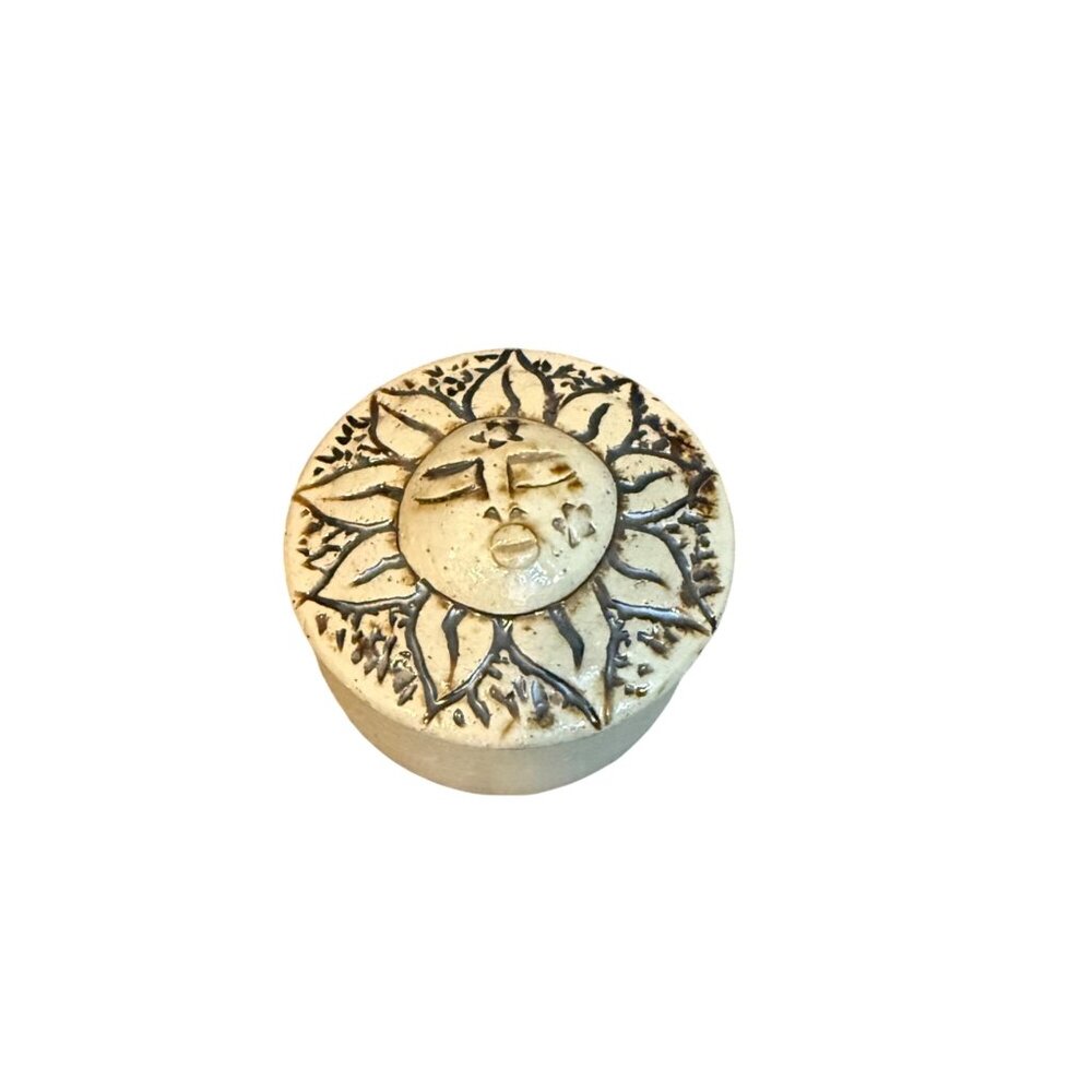 VTG Studio Art Pottery Gray Whimsical Celestial Sun Jewelry Round Trinket Box